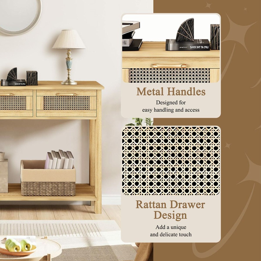 Narrow Console Table Hallway Entryway Sofa Couch Side End Accent TV Stand Home Entrance Living Bedroom Furniture Oak with Rattan Storage Drawers Shelf