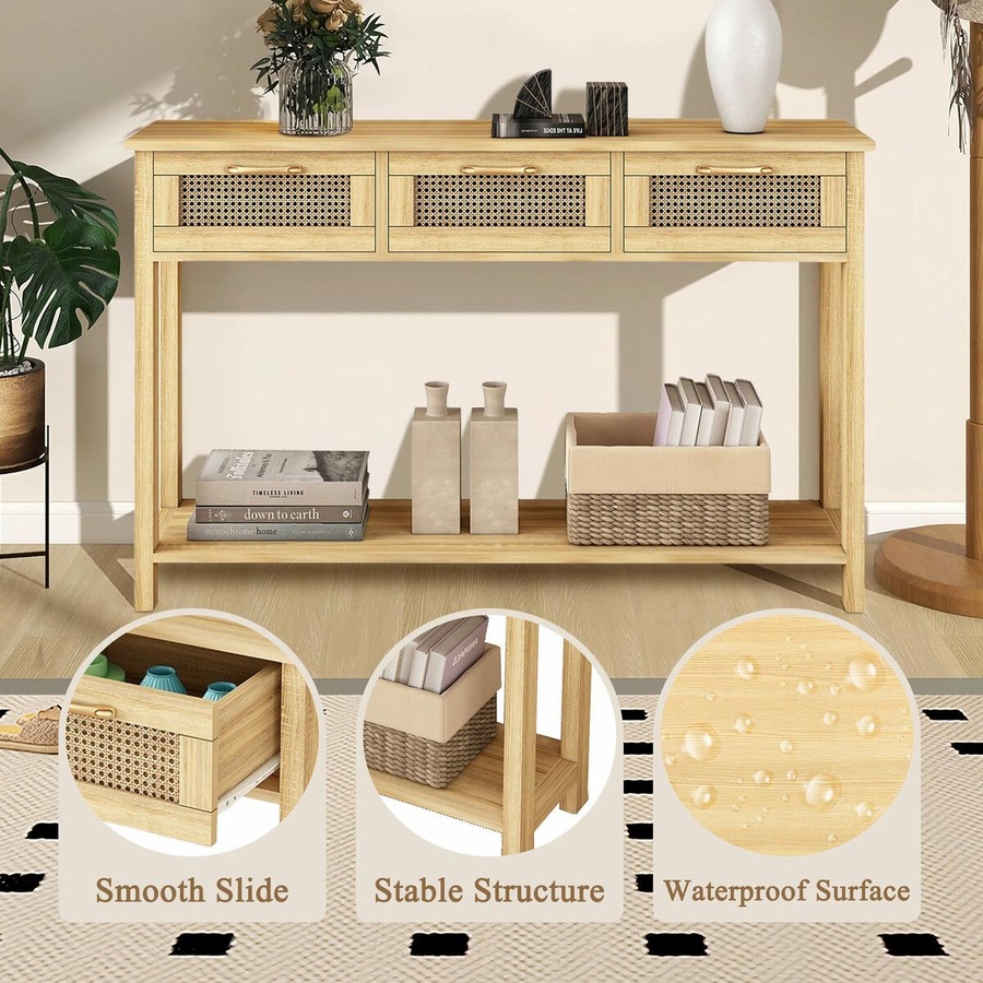 Narrow Console Table Hallway Entryway Sofa Couch Side End Accent TV Stand Home Entrance Living Bedroom Furniture Oak with Rattan Storage Drawers Shelf
