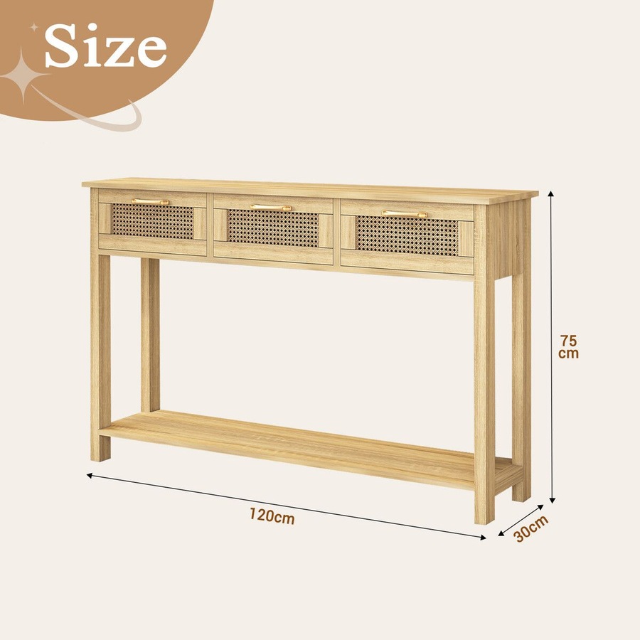 Narrow Console Table Hallway Entryway Sofa Couch Side End Accent TV Stand Home Entrance Living Bedroom Furniture Oak with Rattan Storage Drawers Shelf