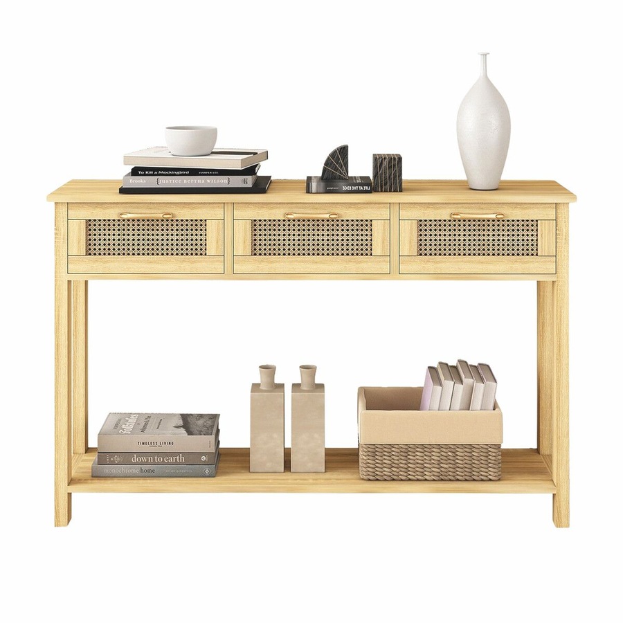 Narrow Console Table Hallway Entryway Sofa Couch Side End Accent TV Stand Home Entrance Living Bedroom Furniture Oak with Rattan Storage Drawers Shelf