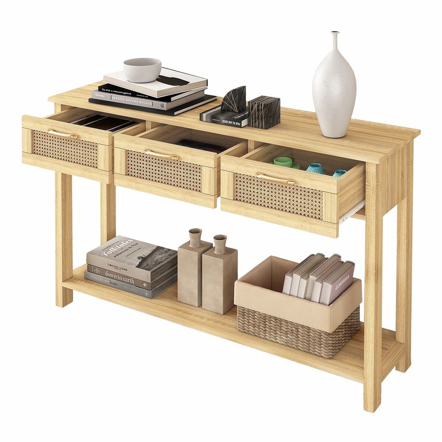 Narrow Console Table Hallway Entryway Sofa Couch Side End Accent TV Stand Home Entrance Living Bedroom Furniture Oak with Rattan Storage Drawers Shelf