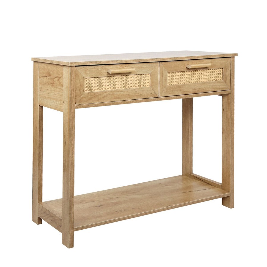 Narrow Console Table Hallway Sofa Couch Side Entryway Entrance End Accent TV Stand Home Living Bedroom Furniture Oak with Rattan Storage Drawers Shelf