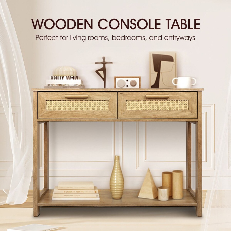 Narrow Console Table Hallway Sofa Couch Side Entryway Entrance End Accent TV Stand Home Living Bedroom Furniture Oak with Rattan Storage Drawers Shelf
