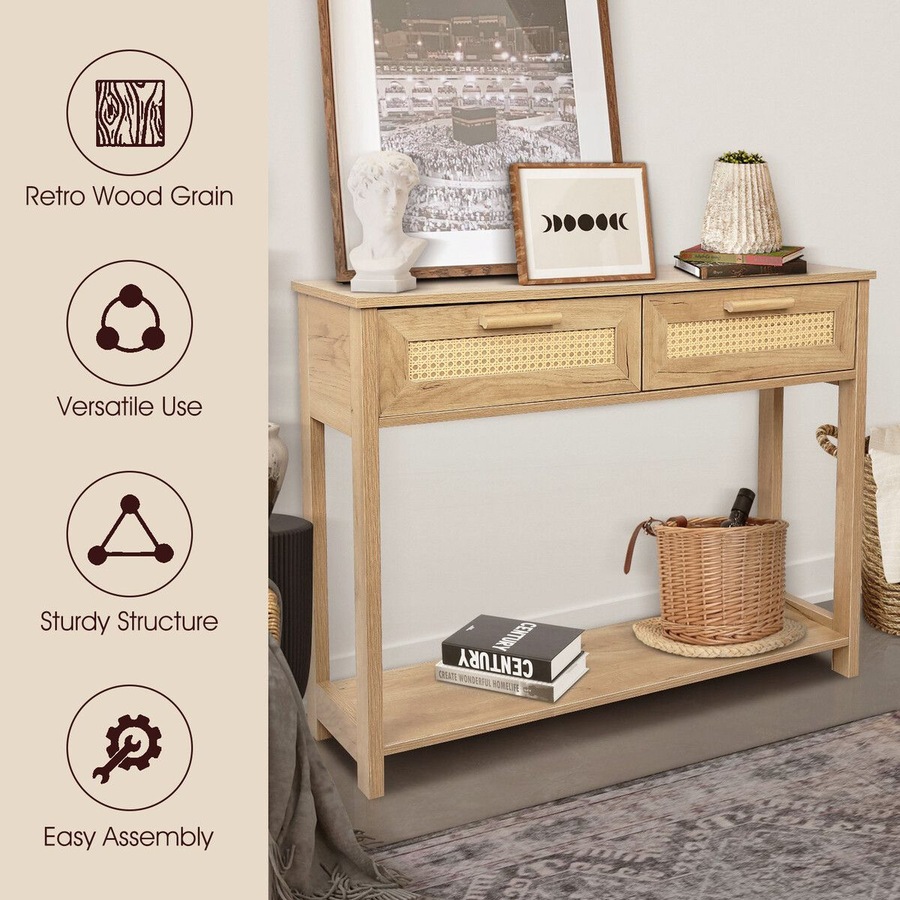 Narrow Console Table Hallway Sofa Couch Side Entryway Entrance End Accent TV Stand Home Living Bedroom Furniture Oak with Rattan Storage Drawers Shelf