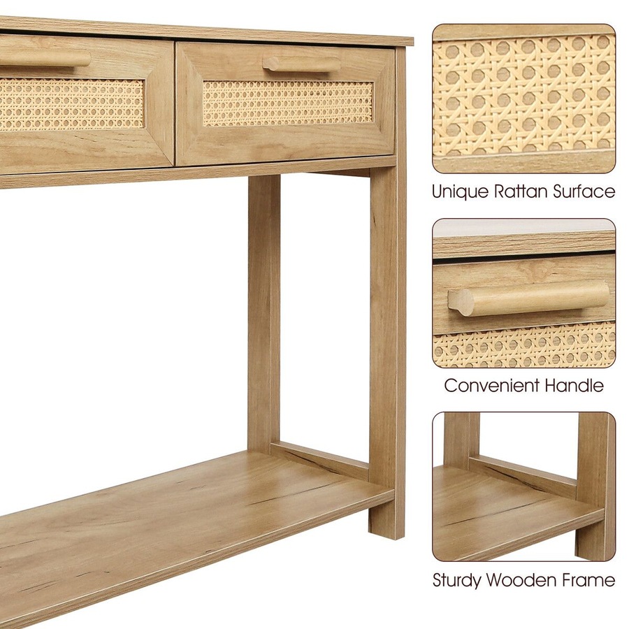 Narrow Console Table Hallway Sofa Couch Side Entryway Entrance End Accent TV Stand Home Living Bedroom Furniture Oak with Rattan Storage Drawers Shelf