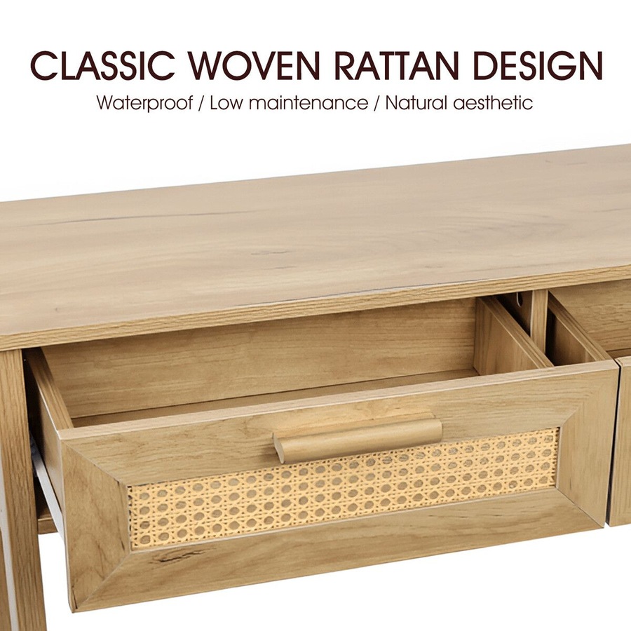 Narrow Console Table Hallway Sofa Couch Side Entryway Entrance End Accent TV Stand Home Living Bedroom Furniture Oak with Rattan Storage Drawers Shelf