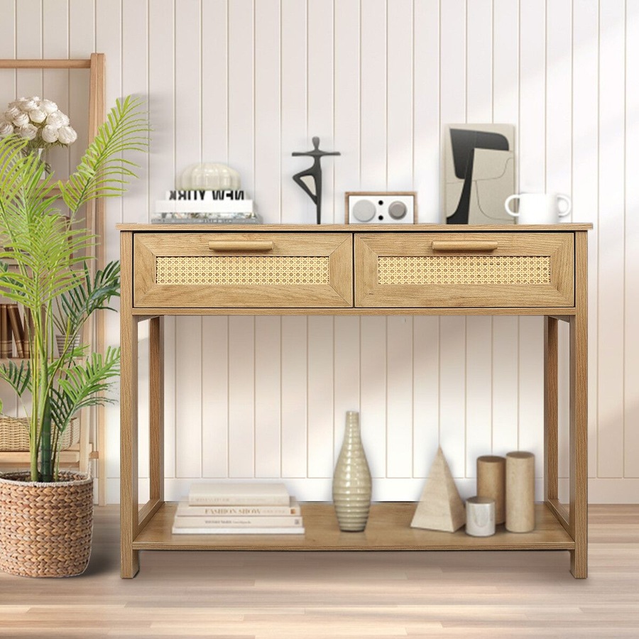 Narrow Console Table Hallway Sofa Couch Side Entryway Entrance End Accent TV Stand Home Living Bedroom Furniture Oak with Rattan Storage Drawers Shelf