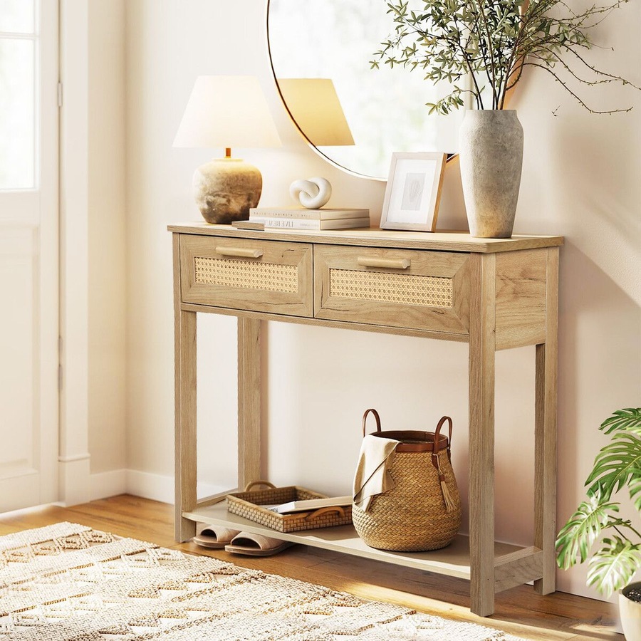 Narrow Console Table Hallway Sofa Couch Side Entryway Entrance End Accent TV Stand Home Living Bedroom Furniture Oak with Rattan Storage Drawers Shelf