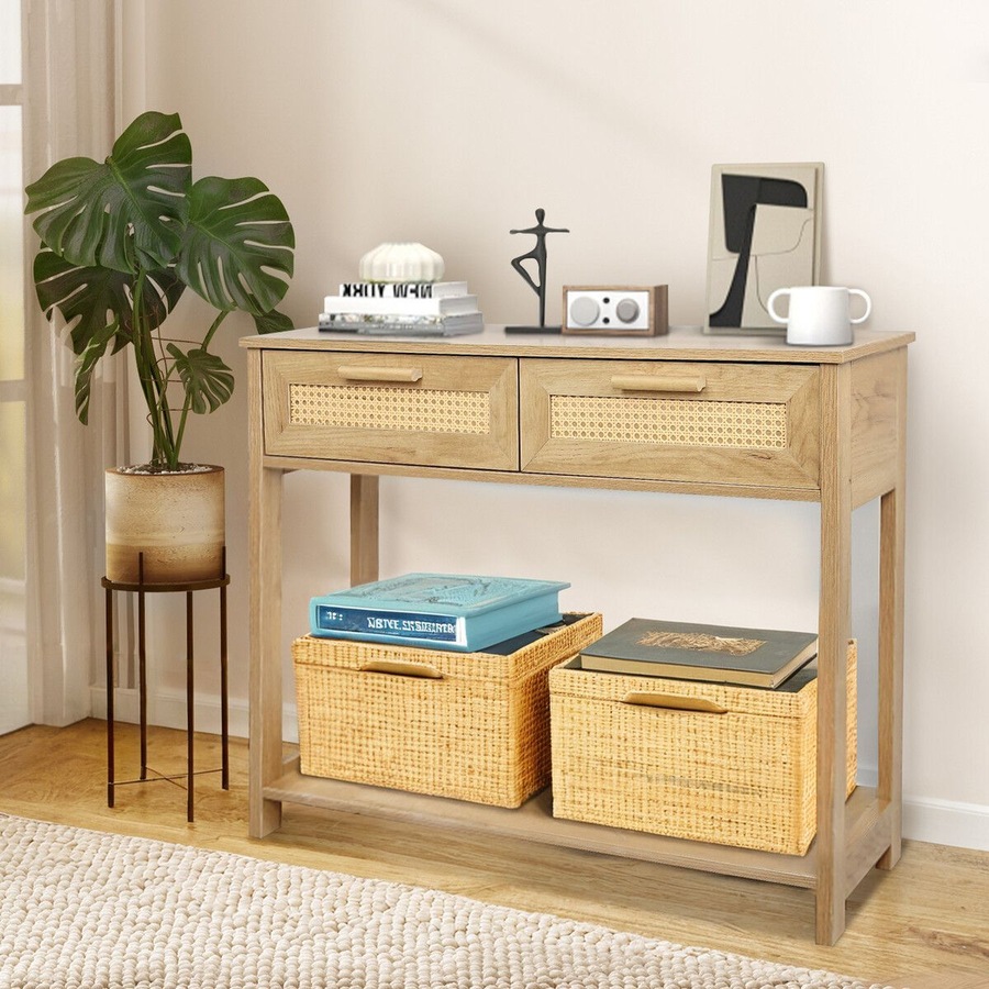 Narrow Console Table Hallway Sofa Couch Side Entryway Entrance End Accent TV Stand Home Living Bedroom Furniture Oak with Rattan Storage Drawers Shelf