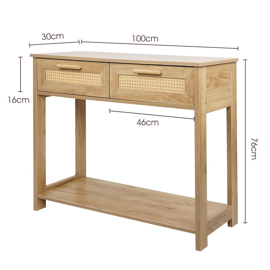 Narrow Console Table Hallway Sofa Couch Side Entryway Entrance End Accent TV Stand Home Living Bedroom Furniture Oak with Rattan Storage Drawers Shelf