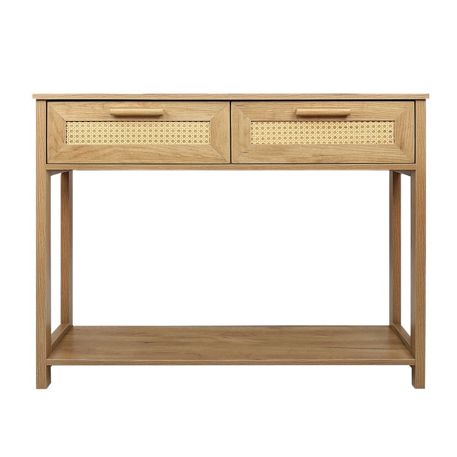 Narrow Console Table Hallway Sofa Couch Side Entryway Entrance End Accent TV Stand Home Living Bedroom Furniture Oak with Rattan Storage Drawers Shelf