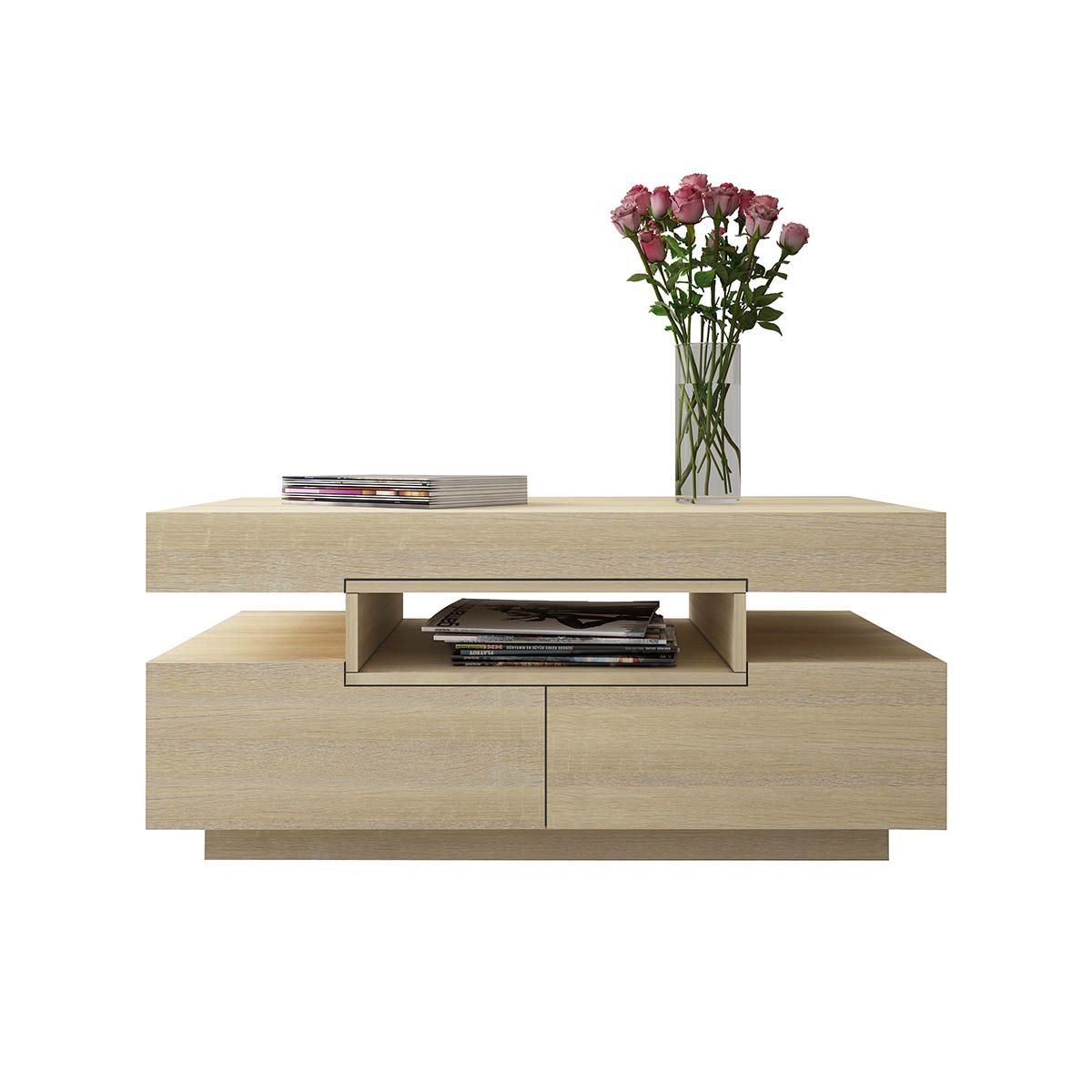 Oak Coffee Table 4-Drawer Side Cabinet with Storage Shelf