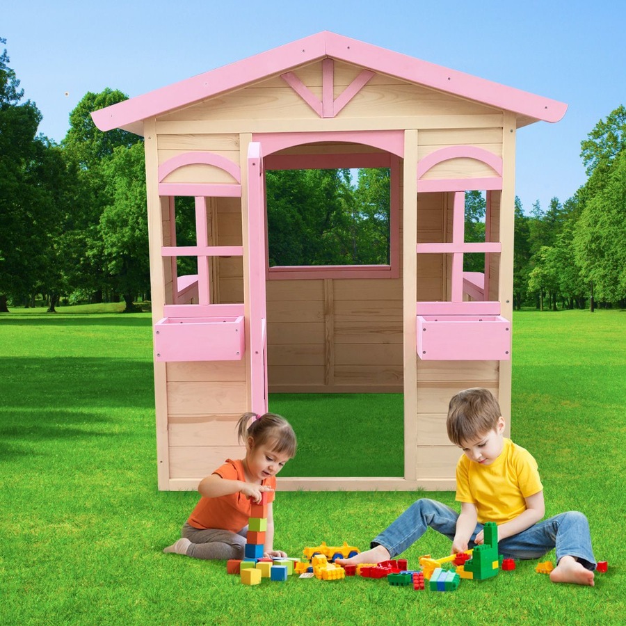 Outdoor Kids Cubby House Wooden Playhouse Pink