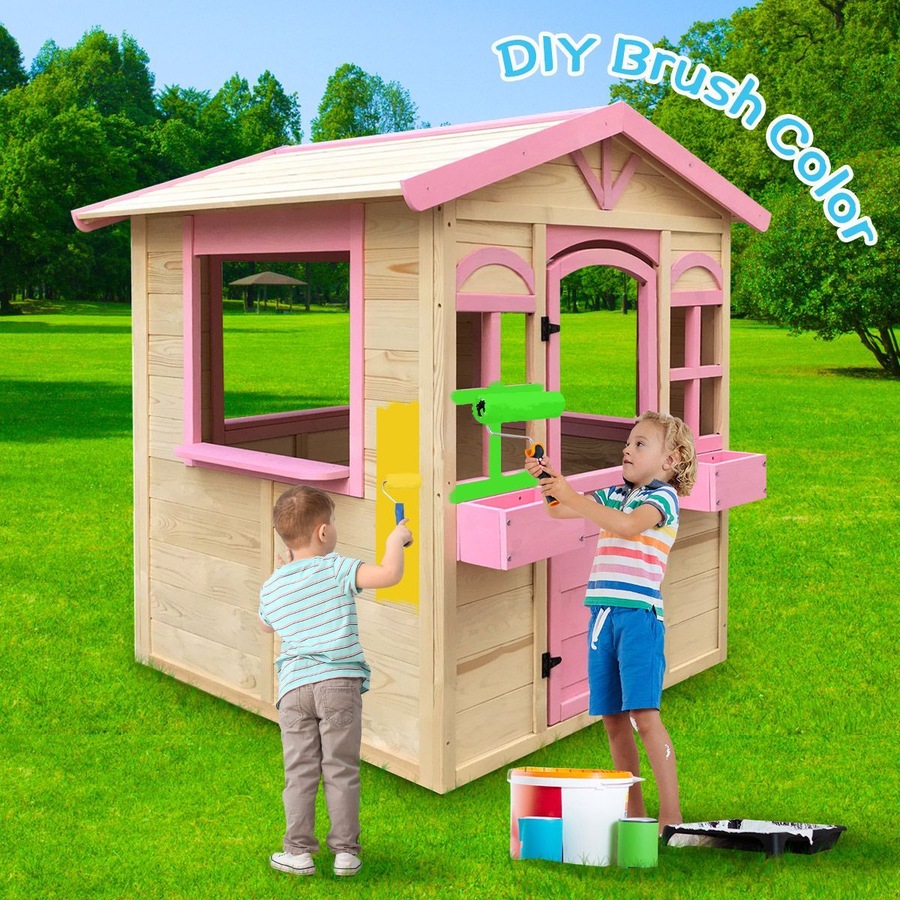 Outdoor Kids Cubby House Wooden Playhouse Pink