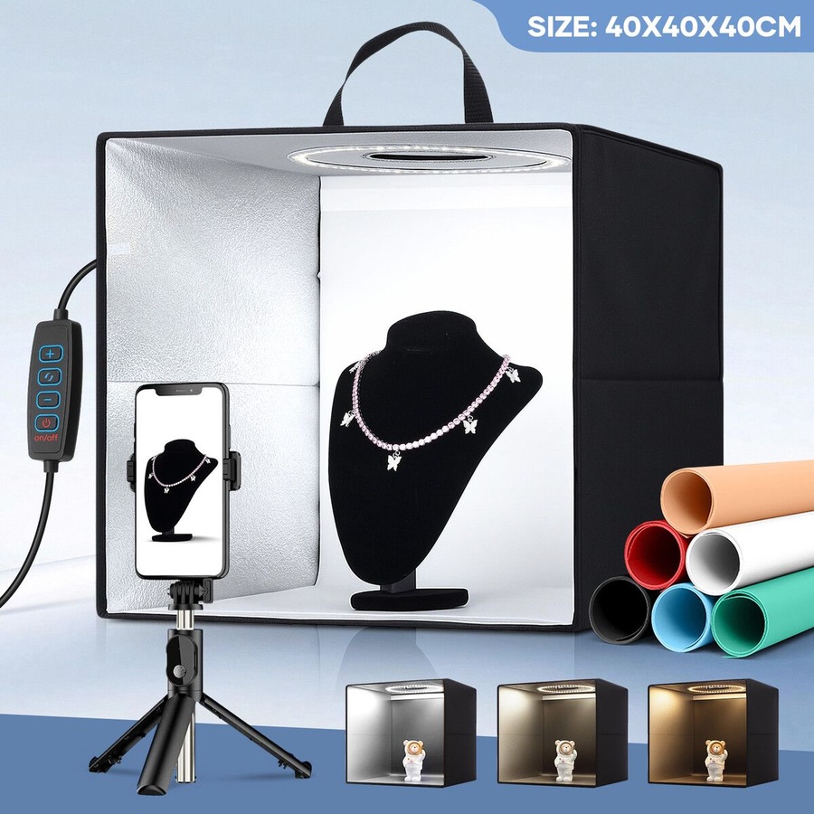 Photo Studio LED Light Tent Portable Photography Shooting Soft Box Kit Dimmable Lights 6 Colour Backdrops Folding for Small Products Jewellery 40x40cm