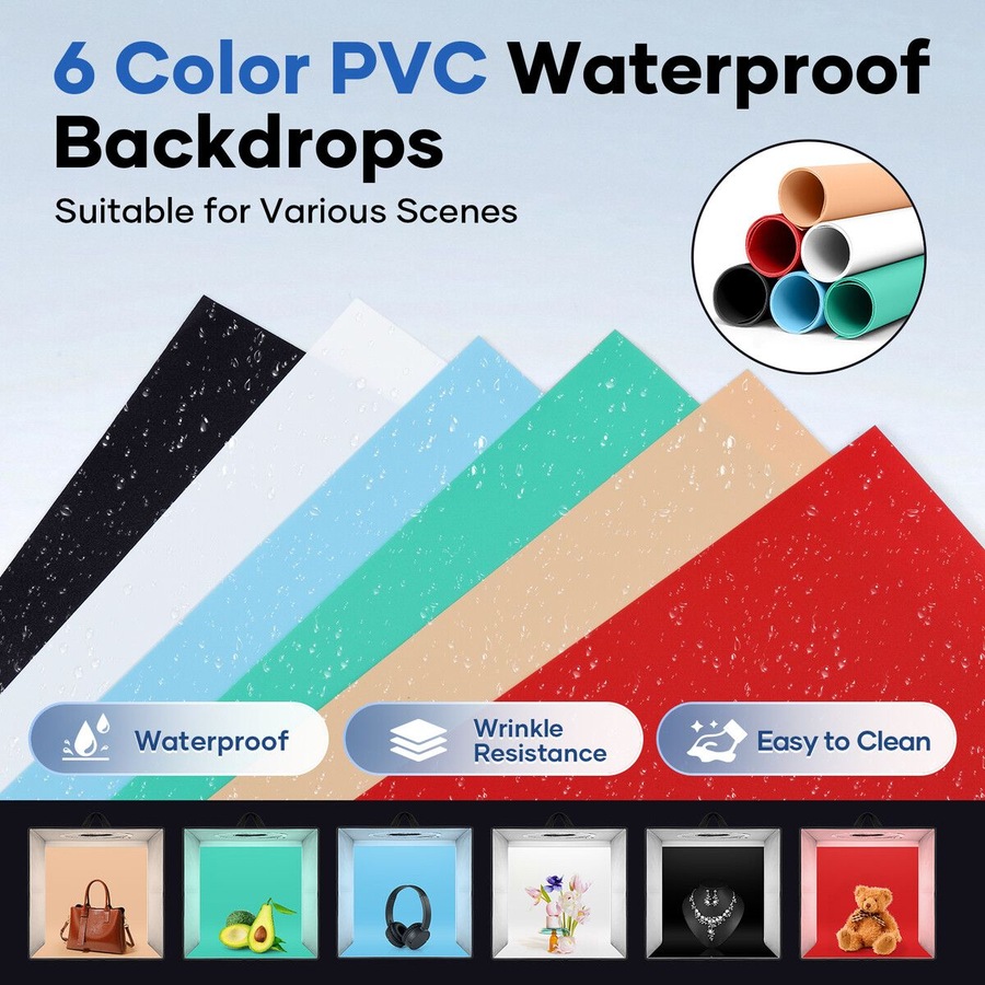 Photo Studio LED Light Tent Portable Photography Shooting Soft Box Kit Dimmable Lights 6 Colour Backdrops Folding for Small Products Jewellery 40x40cm