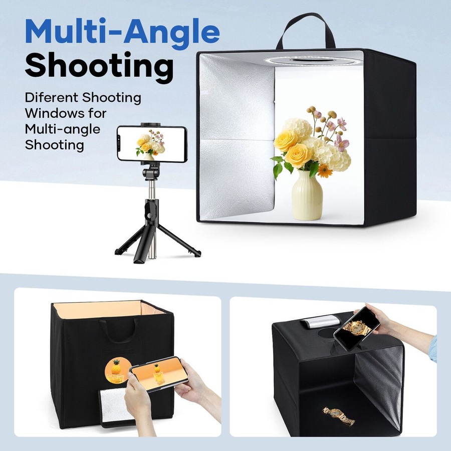 Photo Studio LED Light Tent Portable Photography Shooting Soft Box Kit Dimmable Lights 6 Colour Backdrops Folding for Small Products Jewellery 40x40cm