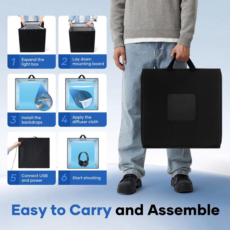 Photo Studio LED Light Tent Portable Photography Shooting Soft Box Kit Dimmable Lights 6 Colour Backdrops Folding for Small Products Jewellery 40x40cm