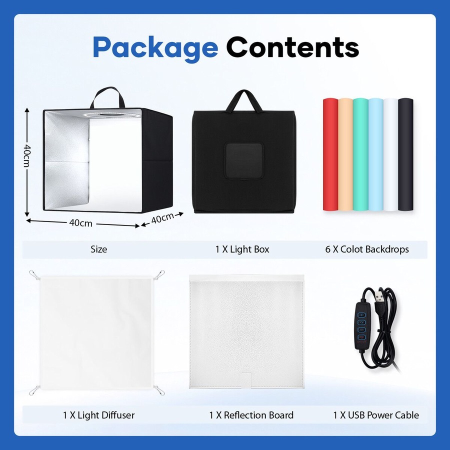 Photo Studio LED Light Tent Portable Photography Shooting Soft Box Kit Dimmable Lights 6 Colour Backdrops Folding for Small Products Jewellery 40x40cm
