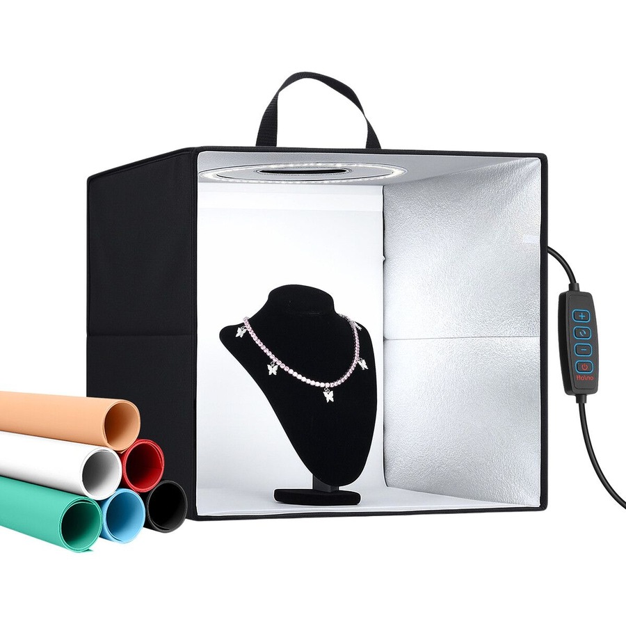 Photo Studio LED Light Tent Portable Photography Shooting Soft Box Kit Dimmable Lights 6 Colour Backdrops Folding for Small Products Jewellery 40x40cm