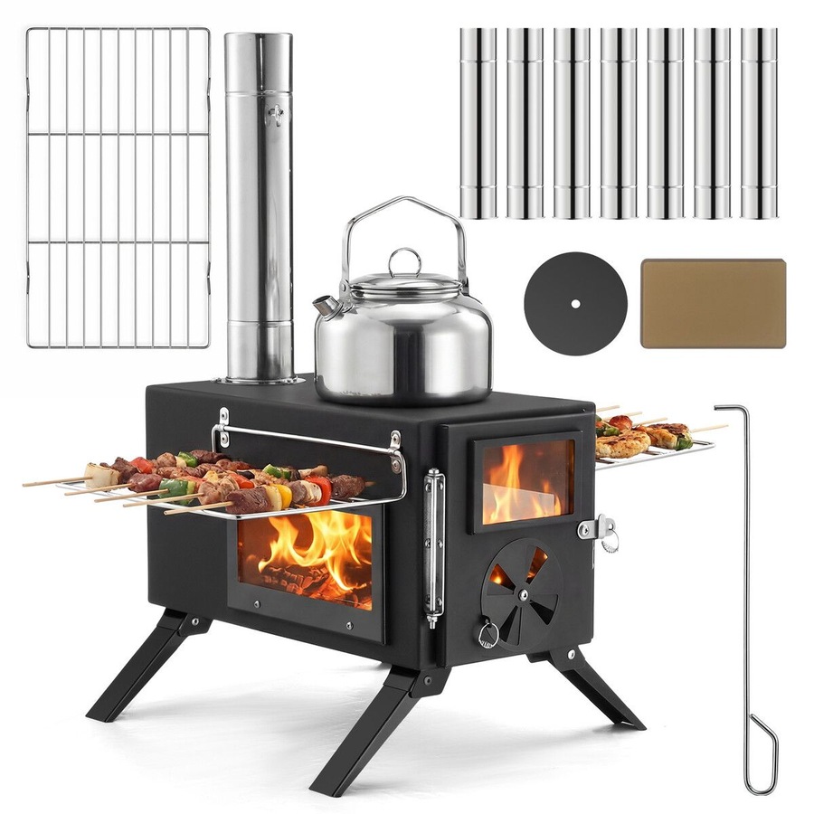 Portable Camping Hot Tent Stove Fire Wood Burning Heating Carbon Steel Log Burner Heater Cooker 7 Chimney Pipes Outdoor Winter Warmth Fishing Hiking