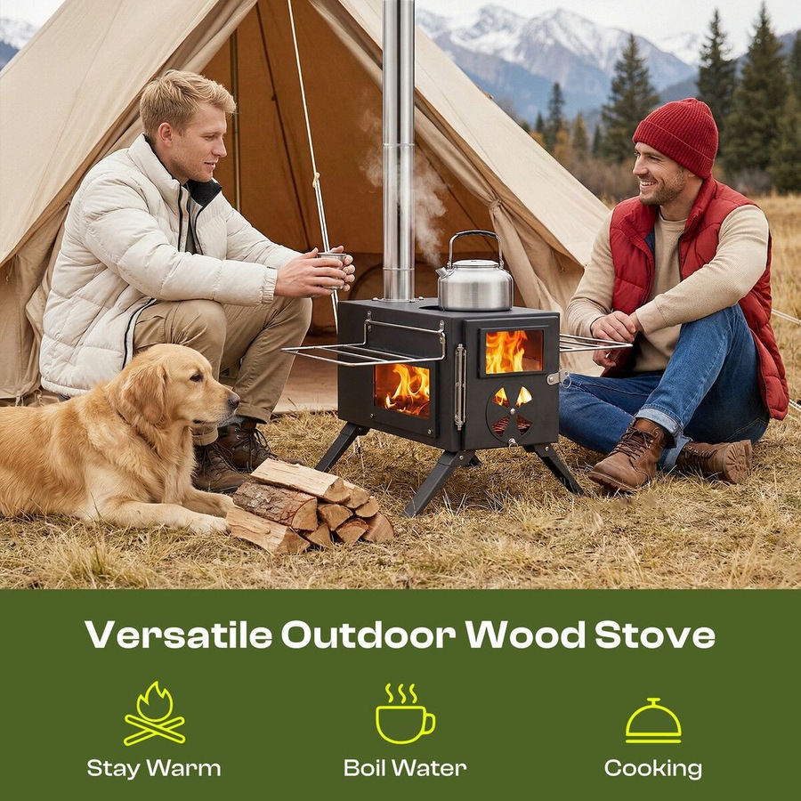 Portable Camping Hot Tent Stove Fire Wood Burning Heating Carbon Steel Log Burner Heater Cooker 7 Chimney Pipes Outdoor Winter Warmth Fishing Hiking