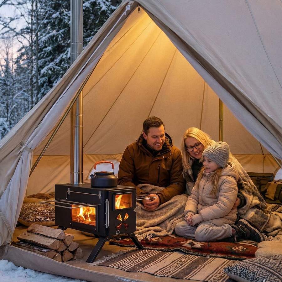 Portable Camping Hot Tent Stove Fire Wood Burning Heating Carbon Steel Log Burner Heater Cooker 7 Chimney Pipes Outdoor Winter Warmth Fishing Hiking