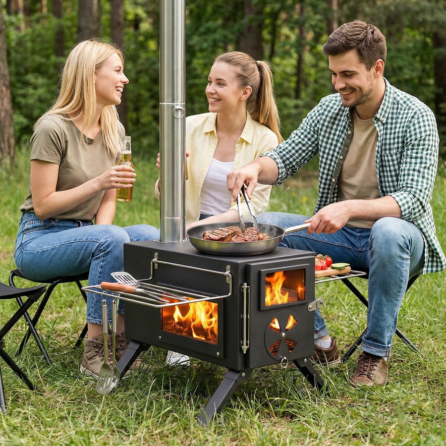 Portable Camping Hot Tent Stove Fire Wood Burning Heating Carbon Steel Log Burner Heater Cooker 7 Chimney Pipes Outdoor Winter Warmth Fishing Hiking