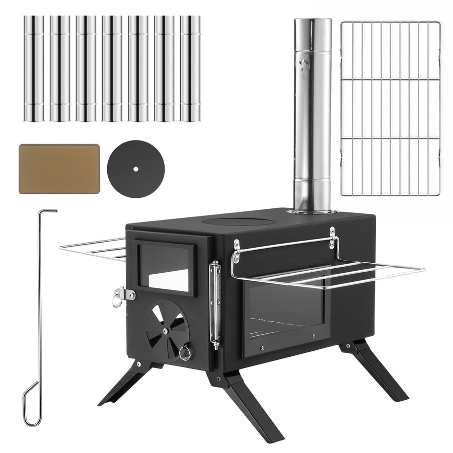 Portable Camping Hot Tent Stove Fire Wood Burning Heating Carbon Steel Log Burner Heater Cooker 7 Chimney Pipes Outdoor Winter Warmth Fishing Hiking