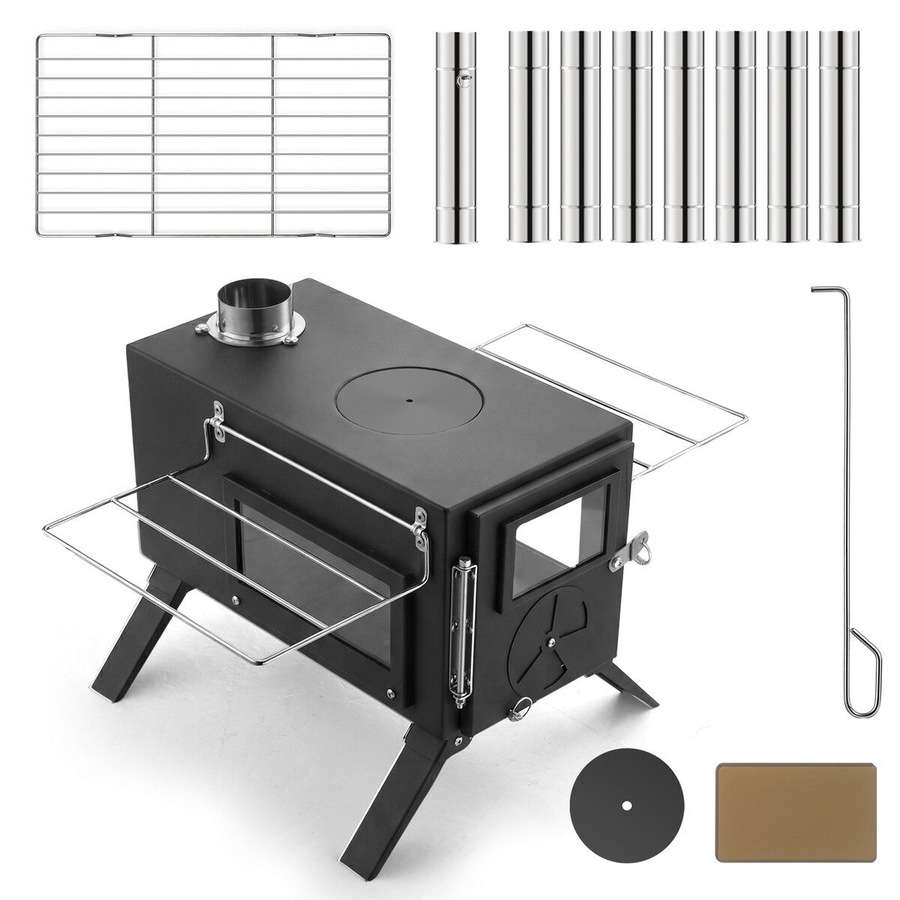 Portable Camping Hot Tent Stove Fire Wood Burning Heating Carbon Steel Log Burner Heater Cooker 7 Chimney Pipes Outdoor Winter Warmth Fishing Hiking