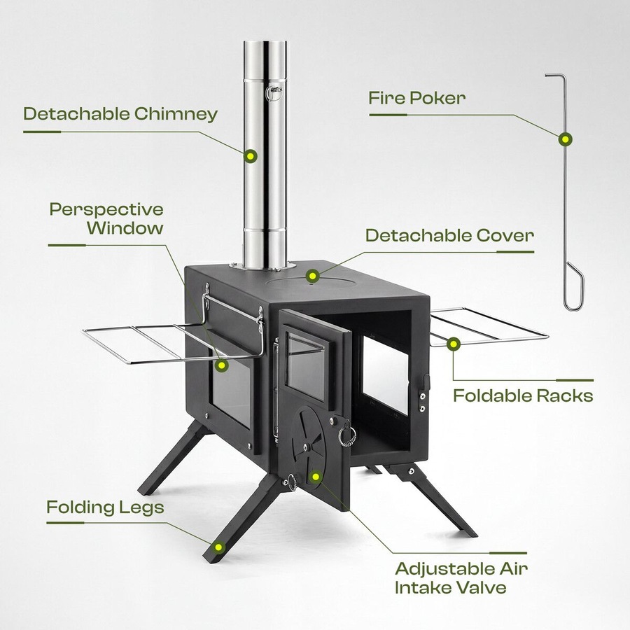 Portable Camping Hot Tent Stove Fire Wood Burning Heating Carbon Steel Log Burner Heater Cooker 7 Chimney Pipes Outdoor Winter Warmth Fishing Hiking