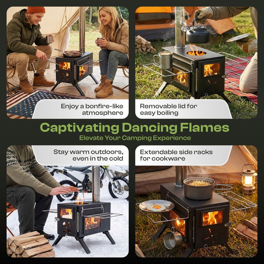 Portable Camping Hot Tent Stove Fire Wood Burning Heating Carbon Steel Log Burner Heater Cooker 7 Chimney Pipes Outdoor Winter Warmth Fishing Hiking
