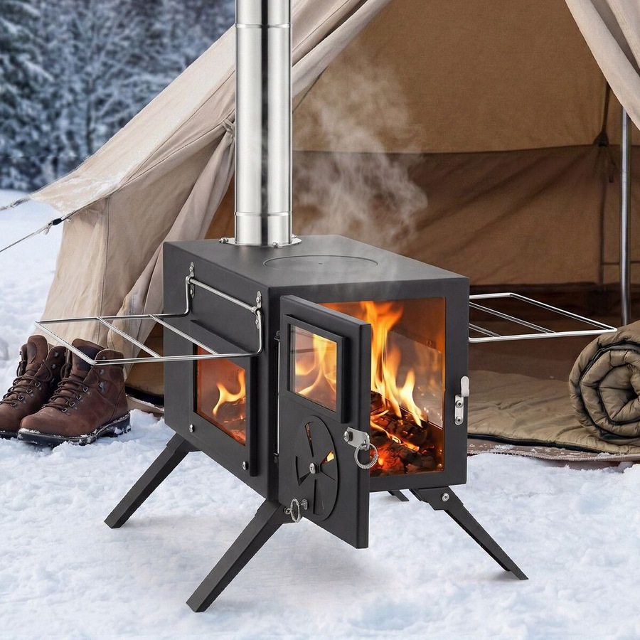 Portable Camping Hot Tent Stove Fire Wood Burning Heating Carbon Steel Log Burner Heater Cooker 7 Chimney Pipes Outdoor Winter Warmth Fishing Hiking