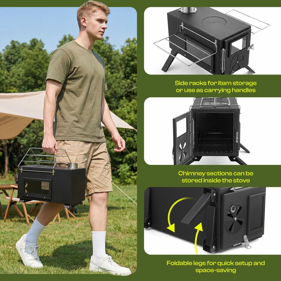 Portable Camping Hot Tent Stove Fire Wood Burning Heating Carbon Steel Log Burner Heater Cooker 7 Chimney Pipes Outdoor Winter Warmth Fishing Hiking