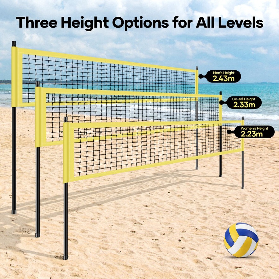 Portable Volleyball Net Set Outdoor Sports Training Equipment Backyard Pool Beach Sand Grass Height Adjustable Poles Carry Bag Ball Pump 9.75x0.91m