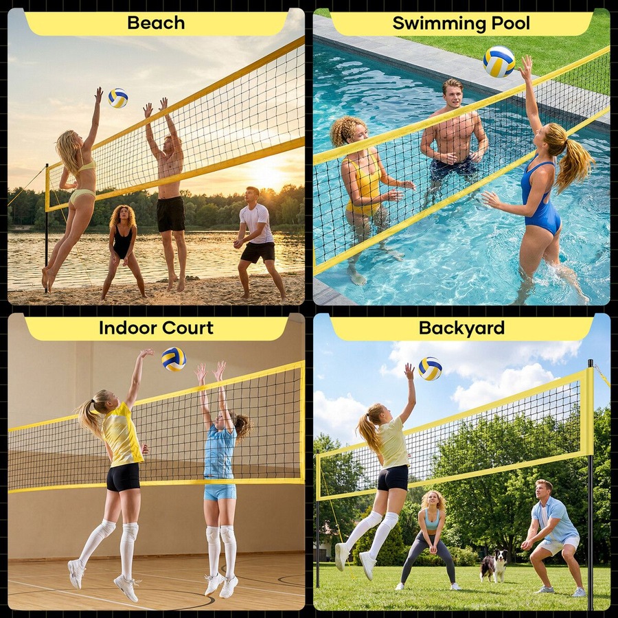 Portable Volleyball Net Set Outdoor Sports Training Equipment Backyard Pool Beach Sand Grass Height Adjustable Poles Carry Bag Ball Pump 9.75x0.91m