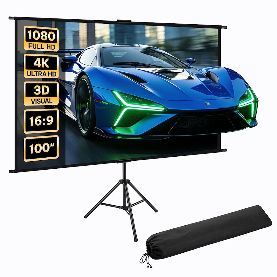 Projector Screen 100 Inch 4K Ultra HD 16:9 TV Rear Projection Tripod Stand Lightweight Portable Indoor Outdoor Home Movie Theatre Cinema Presentation