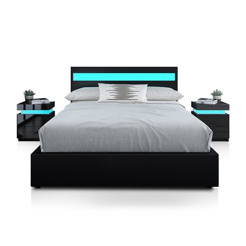 Queen Pu Leather Gas Lift Storage Bed, Queen Platform Bed With Led Lights