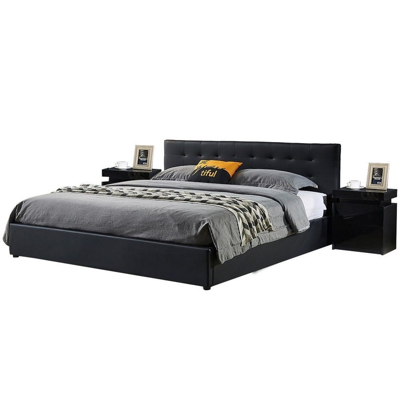 Buy Queen Size Bed Frame PU Leather Gas Lift Storage Bed Base Wood