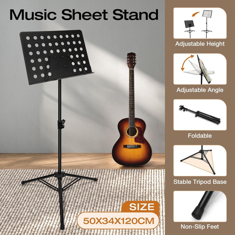 Sheet Music Stand Foldable Tripod Song Book Conductor Stage Holder Adjustable Black Steel Frame Portable for Studio School Professional Performance