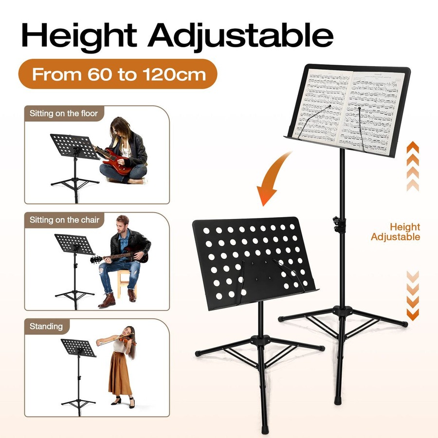 Sheet Music Stand Foldable Tripod Song Book Conductor Stage Holder Adjustable Black Steel Frame Portable for Studio School Professional Performance