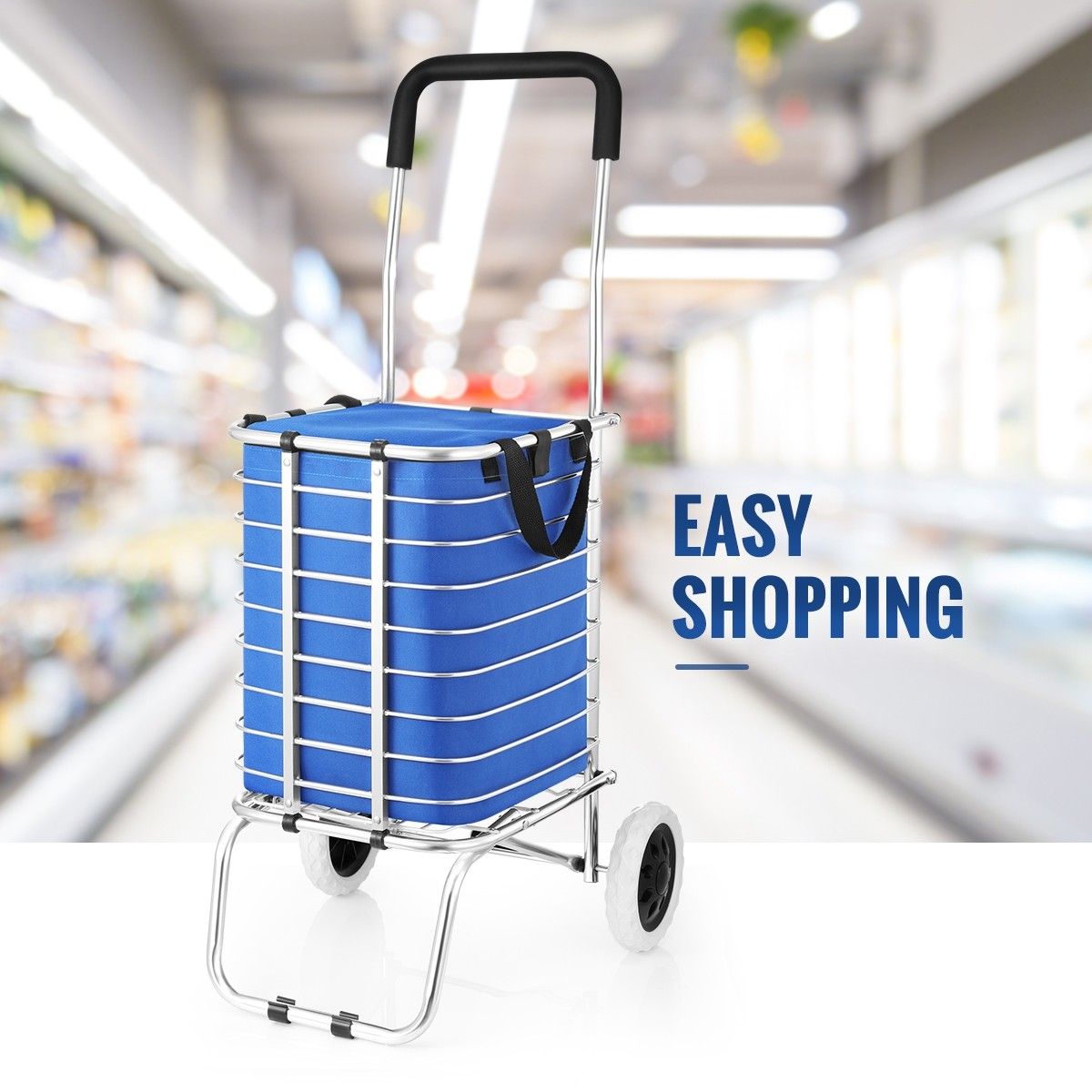 Shopping Trolley Stainless Steel Cart Foldable Basket with Wheels