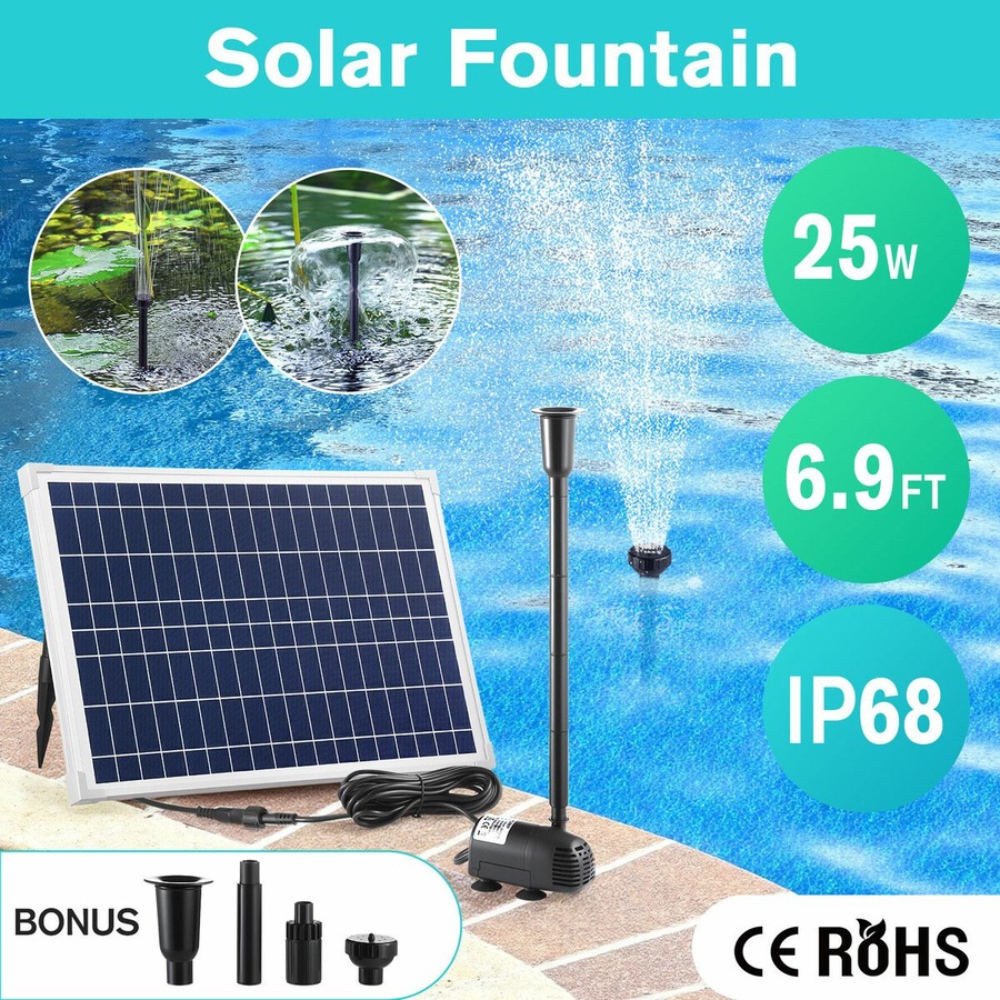 Solar Fountain Pump Panel Kit Submersible 25W Energy Powered Water Feature Outdoor Indoor DIY Bird Bath Fish Tank Pond Pool Garden Decoration Nozzles