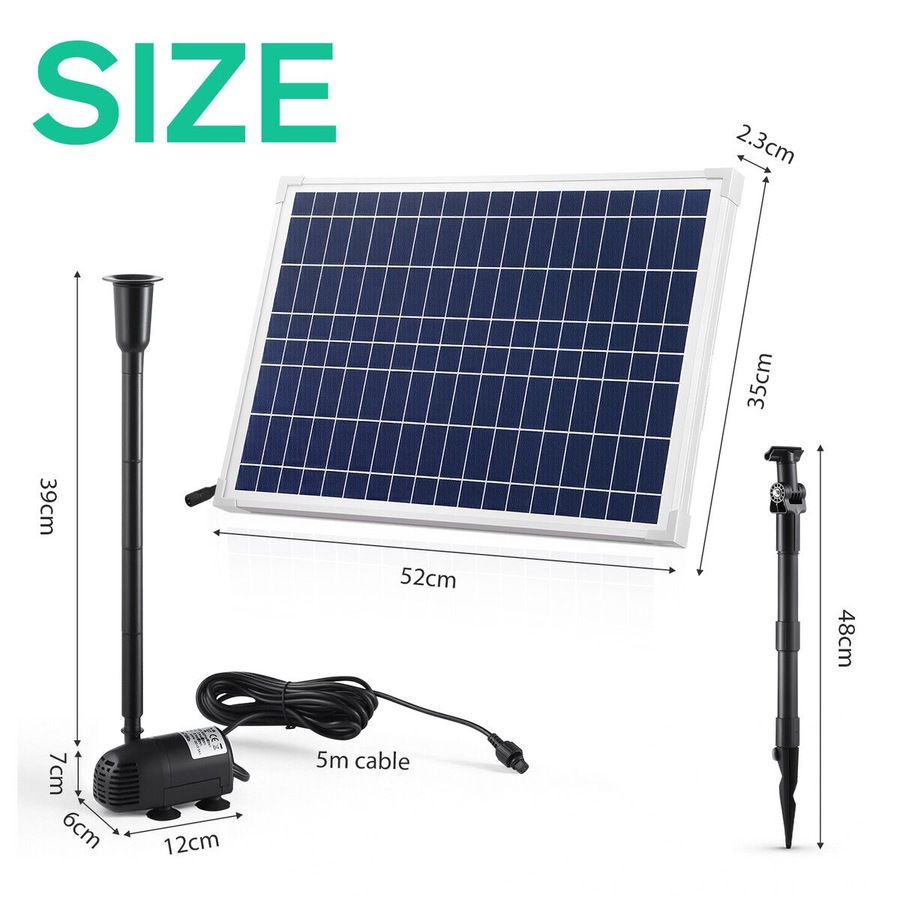 Solar Fountain Pump Panel Kit Submersible 25W Energy Powered Water Feature Outdoor Indoor DIY Bird Bath Fish Tank Pond Pool Garden Decoration Nozzles