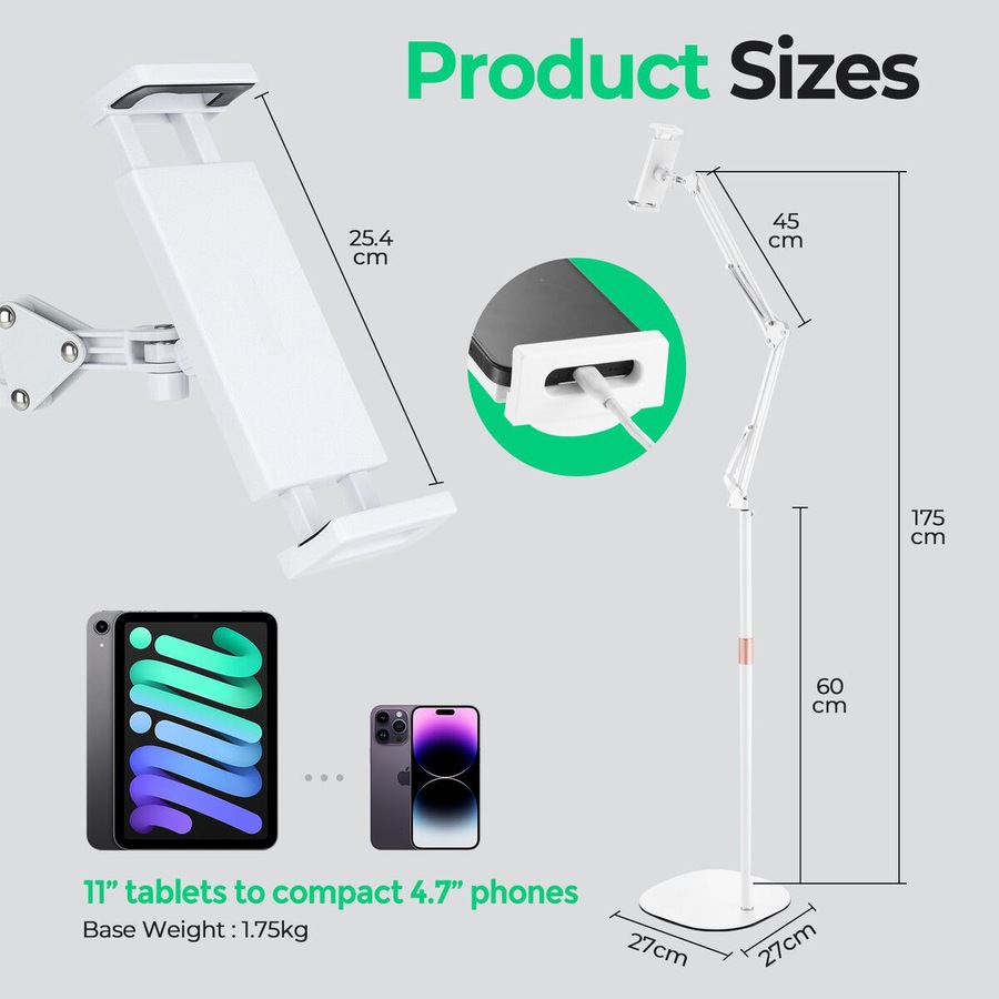 Tablet Floor Stand Kindle Mobile Phone Holder 175cm Hands Free Adjustable Universal Overhead Bed Clip iPhone iPad Switch 4.7 to 11 Inch Screen Devices