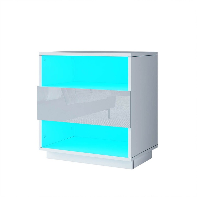Buy White Bedside Table Wooden LED End Nightstand with 1 Drawer Open Shelves High Gloss Front