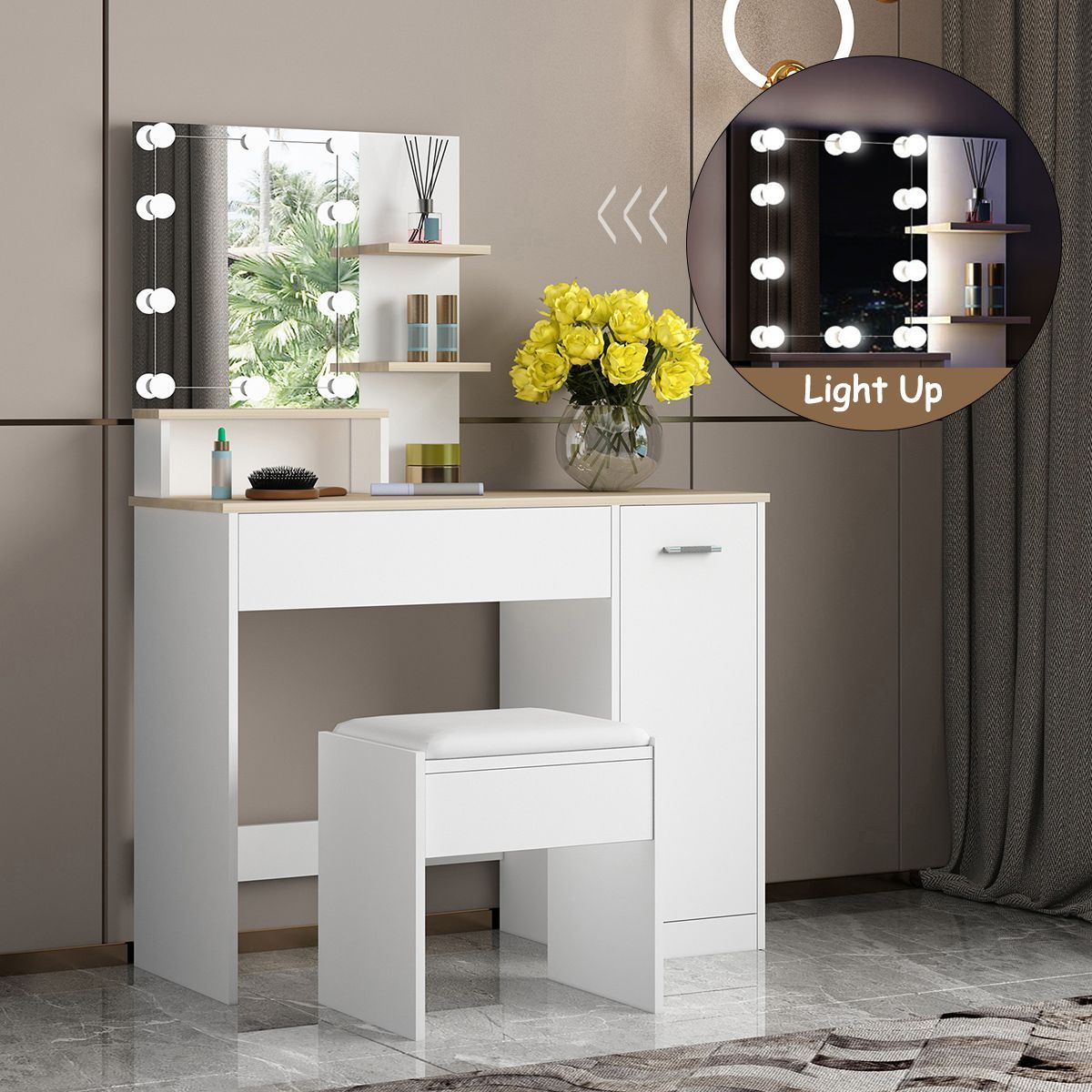 Buy White Dressing Table Dresser Makeup Vanity Table Stool Set with Mirror   LED Lights MyDeal