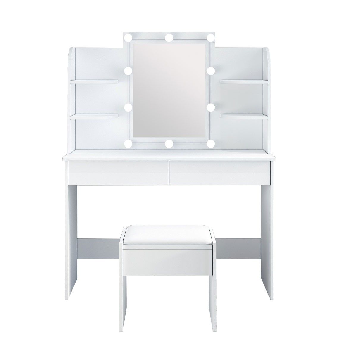 White Dressing Table Makeup Vanity Table Stool Set with Drawers and Lighted Mirror