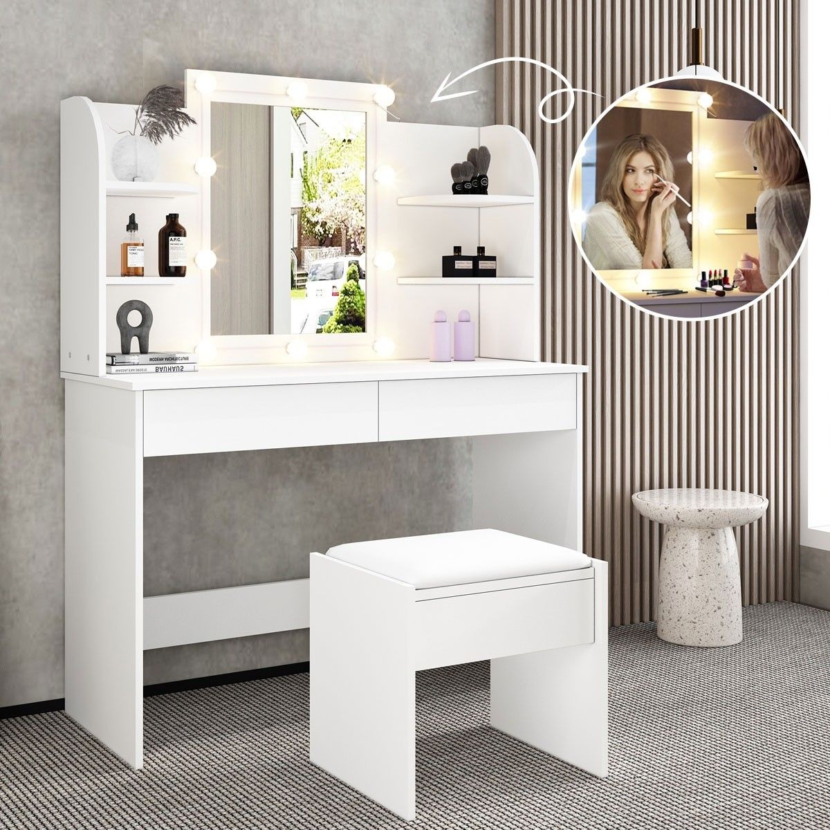 lighted vanity with stool