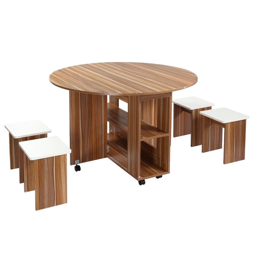 Wooden Folding Dining Table and 4 Chairs Set Round Table with Wheels
